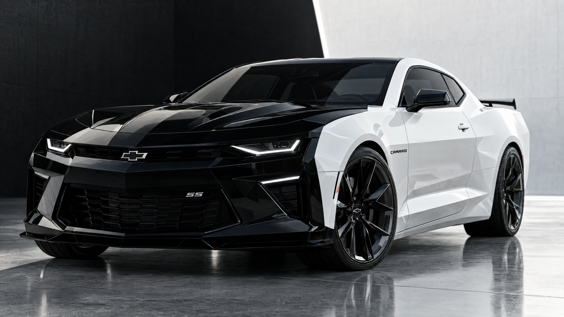 Black and white Chevrolet Camaro sports car on a studio floor, featured in a 4K Ultra HD PC desktop wallpaper and background.