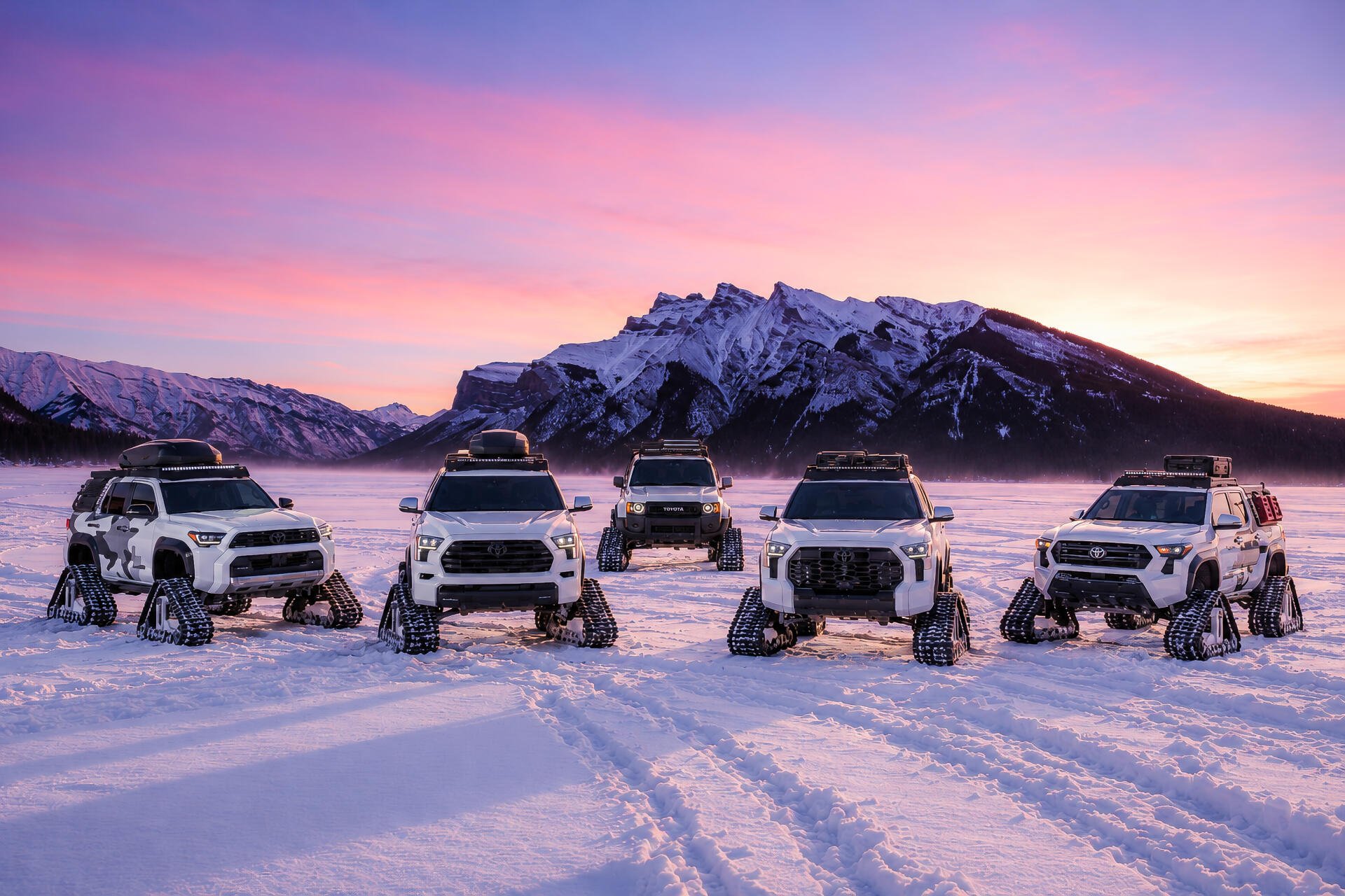 Toyota Snowhunter off-road SUVs on a snowy mountain plain at sunset, featured in a 2K Quad HD desktop wallpaper background.