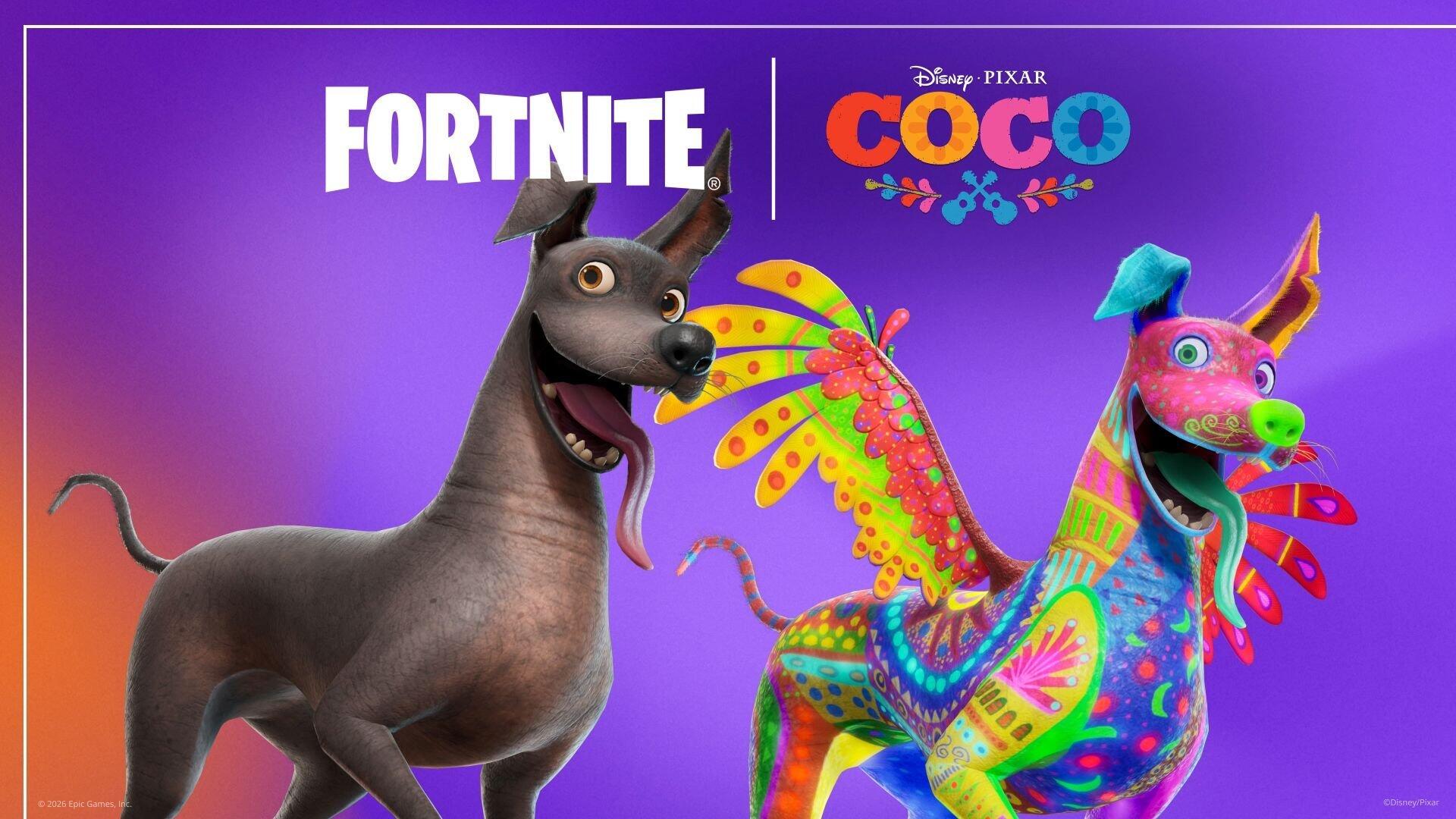Fortnite x Disney Pixar Coco HD PC desktop wallpaper featuring Dante the dog and a colorful alebrije spirit animal against a purple backdrop.