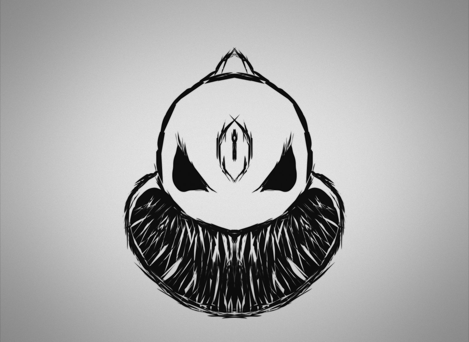 An abstract black design features a central figure with striking eyes and intricate detailing, creating an intriguing HD desktop wallpaper and background.