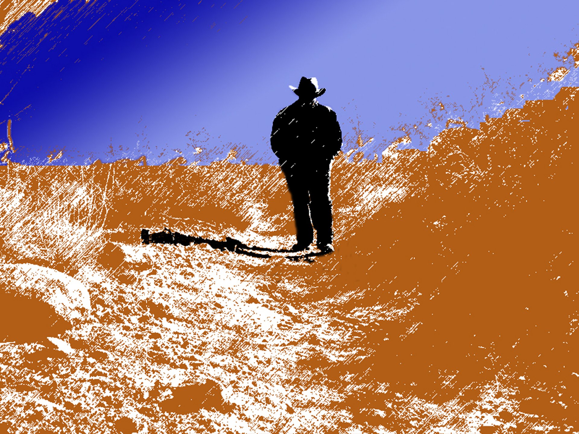 Dark Tower–inspired artistic HD PC desktop wallpaper: a silhouetted man in a wide-brimmed hat stands atop a textured dune, long shadow stretching beneath a vivid cobalt sky.