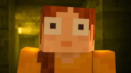 Minecraft 4K Ultra HD PC desktop wallpaper: close-up of a blocky character with brown hair and wide-eyed, surprised expression in a dim, green-tinted corridor.