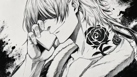 Black-and-white manga-style portrait by Miachael Kaiser: long-haired man holding a phone, dark rose tattoo on his neck, ink-splatter background — 4K Ultra HD PC desktop wallpaper.