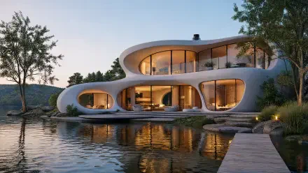 4K Ultra HD PC desktop wallpaper of a modern curving lake house with warm interior lights reflected on calm water at dusk.