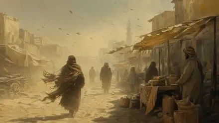 Dusty street market with robed figures, fabric stalls and scattered birds beneath a hazy sky — atmospheric 4K Ultra HD PC desktop wallpaper and background.