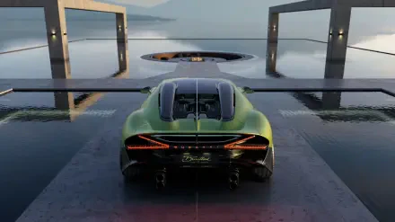 Rear view of a green Bugatti Brouillard sports car on a reflective wet plaza with modern architectural frames and distant water, 4K Ultra HD PC desktop wallpaper and background.