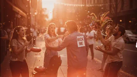 Warm sunset street prank: friends laugh and shower a person wearing a KICK ME sign with confetti — April Fools Day, 4K Ultra HD PC desktop wallpaper and background.