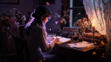 Poetcore 4K Ultra HD PC desktop wallpaper: a writer at a candlelit desk, penning verses among books, dried flowers and moonlight through lace curtains.