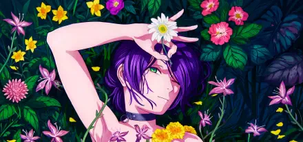 Reze from Chainsaw Man reclining among vibrant flowers, purple hair and green eyes, holding a white daisy to her face — 4K Ultra HD anime waifu desktop wallpaper with floral aesthetic.