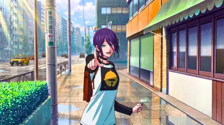 Sunlit 5K Ultra HD PC wallpaper: Reze (Chainsaw Man), purple-haired anime waifu smiling and pointing on a bright city sidewalk.