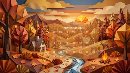 Paper-cut autumn landscape with cabin, river, deer and campfire overlaid by a November 2026 calendar — 5K Ultra HD PC desktop wallpaper/background.