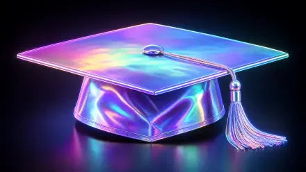 Iridescent holographic graduation cap with tassel glowing in neon colors on a reflective surface - 4K Ultra HD PC desktop wallpaper and background.