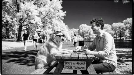Humor: black-and-white 5K Ultra HD PC desktop wallpaper of a man and a dog playing cards at a park picnic table labeled Dogs vs Humans Poker Tournament.
