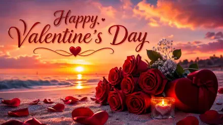 Happy Valentine's Day 4K Ultra HD PC desktop wallpaper and background: red roses, candle and heart box on a sunset beach, script greeting and scattered rose petals.