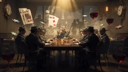 Cinematic mafia meeting: suited mobsters in fedoras around a dim, cigar-lit table with floating playing cards and wine — 4K Ultra HD PC desktop wallpaper and background.