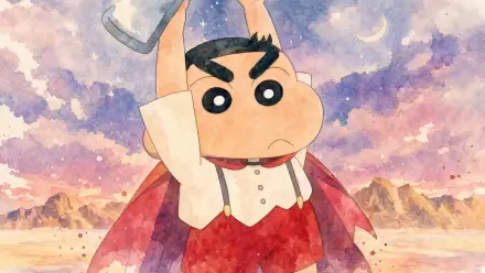 Crayon Shin-chan in watercolor style, wearing a red cape and shorts, arms raised against a pastel sunset landscape — 4K Ultra HD PC desktop wallpaper and background.
