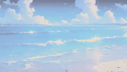 Digital painting illustration artwork landscape — 4K Ultra HD PC desktop wallpaper and background of a pastel seascape with gentle waves, reflective shore and fluffy clouds.