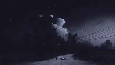 Digital painting landscape artwork — HD PC desktop wallpaper showing a moody starlit night, towering clouds, silhouetted power lines and tiny figures on a snowy roadside.