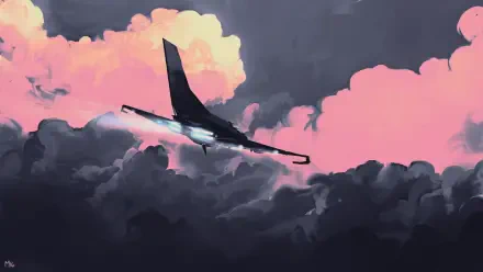 Digital art, digital painting, illustration: jet silhouette soars through pink and gray clouds, moody landscape artwork — HD PC desktop wallpaper/background.