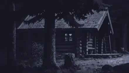 Digital Art — dark blue-toned digital painting illustration of a rustic log cabin beneath tall pines, moody landscape artwork; HD PC desktop wallpaper/background.