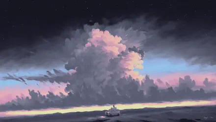 Digital Art digital painting illustration artwork — HD PC desktop wallpaper and background: a moody sunset landscape with towering pink-lit clouds over a calm sea and a lone boat on the horizon.