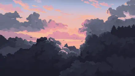 Digital painting landscape artwork: 4K Ultra HD PC desktop wallpaper illustration of layered clouds and a silhouetted treeline at sunset.