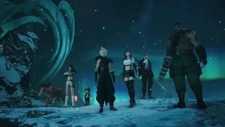 4K Ultra HD PC desktop wallpaper from the video game Final Fantasy VII Revelation: Cloud Strife, Tifa, Barret and companions stand on a snowy ridge beneath an aurora-lit night sky.