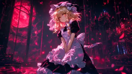 4K Ultra HD desktop wallpaper of Remilia Scarlet from Touhou Koumakyou: New Classic, The Embodiment of Scarlet Devil — a gothic maid in frilled dress bathed in crimson moonlight and chandeliers
