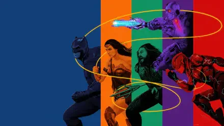 Zack Snyder's Justice League 4K Ultra HD PC desktop wallpaper: stylized silhouettes of Batman, Wonder Woman, Aquaman, Cyborg and Flash across colorful vertical panels.