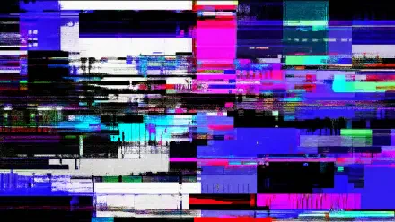 Glitchcore 4K Ultra HD PC desktop wallpaper and background: neon pink, cyan, blue and black digital distortion - fragmented pixel bands, static blocks and horizontal scan lines.