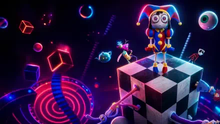 4K Ultra HD PC desktop wallpaper of The Amazing Digital Circus: neon jester puppet atop a floating black-and-white checker cube, surrounded by glowing geometric shapes and swirling neon orbs.