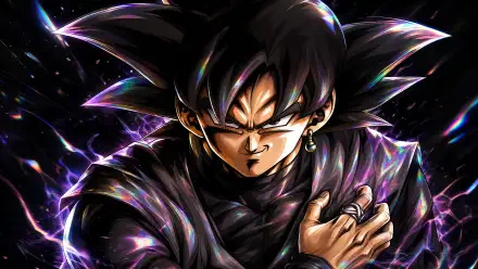 Dark, intense portrait of Black Goku with purple lightning aura and clenched hand — 4K Ultra HD PC desktop wallpaper background.