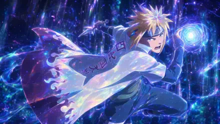 Minato Namikaze charging a glowing blue Rasengan, Hokage cloak fluttering against a cosmic neon-lit backdrop — 4K Ultra HD PC desktop wallpaper and background.