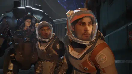4K Ultra HD PC desktop wallpaper/background from the video game Exodus (2027): three astronauts in helmets and suits stand inside a dim, high-tech spacecraft, faces lit by console glow.