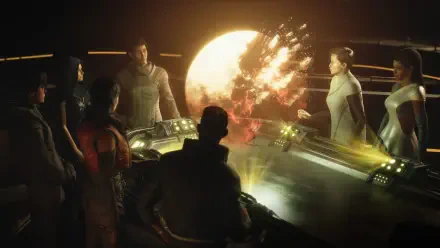 Exodus (2027) video game 4K Ultra HD PC desktop wallpaper/background: bridge crew gathers around a glowing holographic star map, silhouetted commander in the foreground.