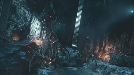 4K Ultra HD PC desktop wallpaper/background from the video game Soulframe: a dark cavern lit in teal with glowing, spider-like mechanical enemies prowling among ancient pillars.