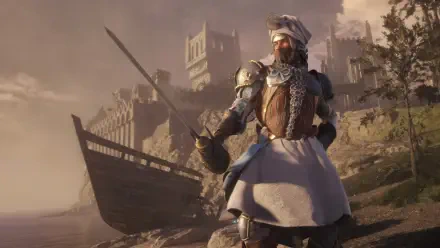 Soulframe video game 4K Ultra HD PC desktop wallpaper/background: armored, turbaned warrior with sword stands on a misty shore before a beached longship and crumbling castle at dawn.