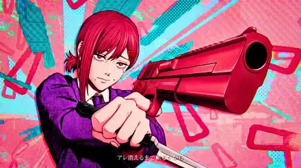 Kobeni Higashiyama from Chainsaw Man Mobile Game, anime waifu aiming a giant red shotgun against vibrant neon patterns — 5K Ultra HD PC desktop wallpaper background.