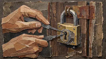 Stylized collage of hands picking an old padlock with picks — lockpicking 5K Ultra HD PC desktop wallpaper and background