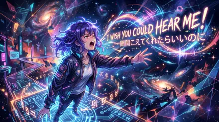 5K Ultra HD PC wallpaper: crying anime figure in neon cyberpunk space, reaching out beneath glowing text I wish you could hear me.
