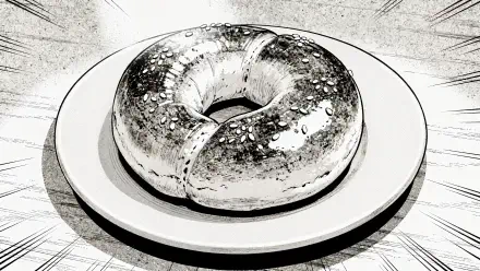 Monochrome sketch of a sesame bagel on a plate with radiating ink lines — 4K Ultra HD PC desktop wallpaper and background.