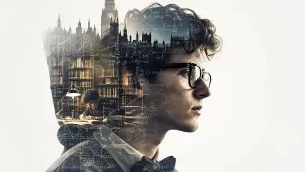 4K Ultra HD PC desktop wallpaper: nerd profile — bespectacled young man in bow tie with double-exposure of a London skyline, clocktower and chalked formulas.