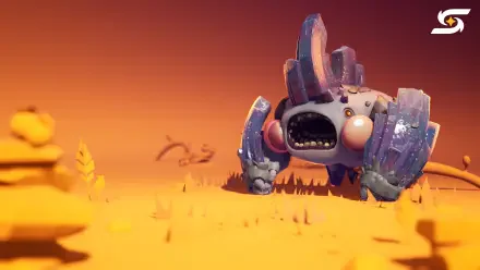 Video game Starseeker: Astroneer Expeditions 4K Ultra HD PC wallpaper showing a stylized mechanical alien creature walking across an orange, low-poly alien plain.