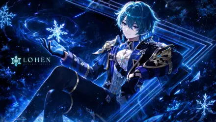 Lohen (Genshin Impact) bathed in blue crystal light, surrounded by glowing sigils and snowflakes — vibrant 4K Ultra HD PC desktop wallpaper and background.