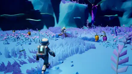 4K Ultra HD PC desktop wallpaper and background from the video game Starseeker: Astroneer Expeditions — two astronauts in suits explore a purple, bioluminescent alien landscape.