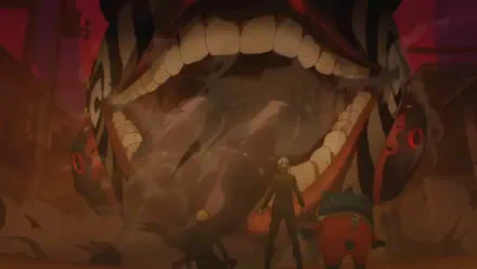 4K Ultra HD PC desktop wallpaper from the video game Persona 4 (Persona 4 Revival): two protagonists confront a massive gaping demon mouth amid crimson, shadowy ruins.