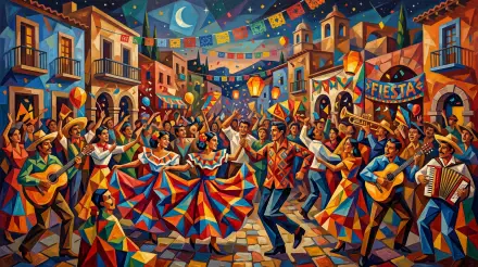 Vibrant fiesta street scene of dancers, guitarists, papel picado and lanterns under a moonlit sky — colorful 5K Ultra HD PC desktop wallpaper and background.