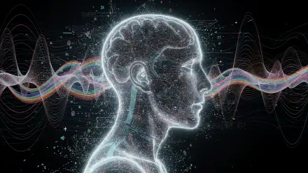 4K Ultra HD PC desktop wallpaper: glowing wireframe human head with illuminated brain circuitry and colorful waveform streams symbolizing mind upload and digital consciousness on a dark background.