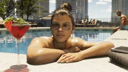 4K Ultra HD PC desktop wallpaper/background of Lucia Caminos from the video game Grand Theft Auto VI: she lounges at a sunlit pool edge wearing sunglasses with a cocktail nearby.