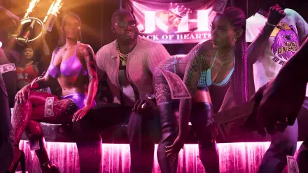 4K Ultra HD PC desktop wallpaper/background of Grand Theft Auto VI: Boobie Ike seated between dancers in a neon-pink nightclub, cash, drinks and a sultry club atmosphere.